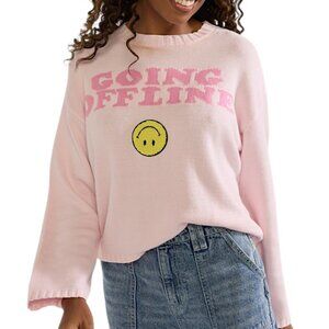 Moon & Madison Going Offline Pink Smiley Pullover Sweater Women's Size XS